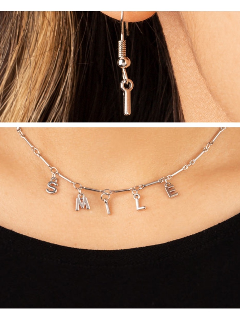 Silver-tone 'SMILE' Letter Charm Necklace and Earrings Set - Women's Jewelry